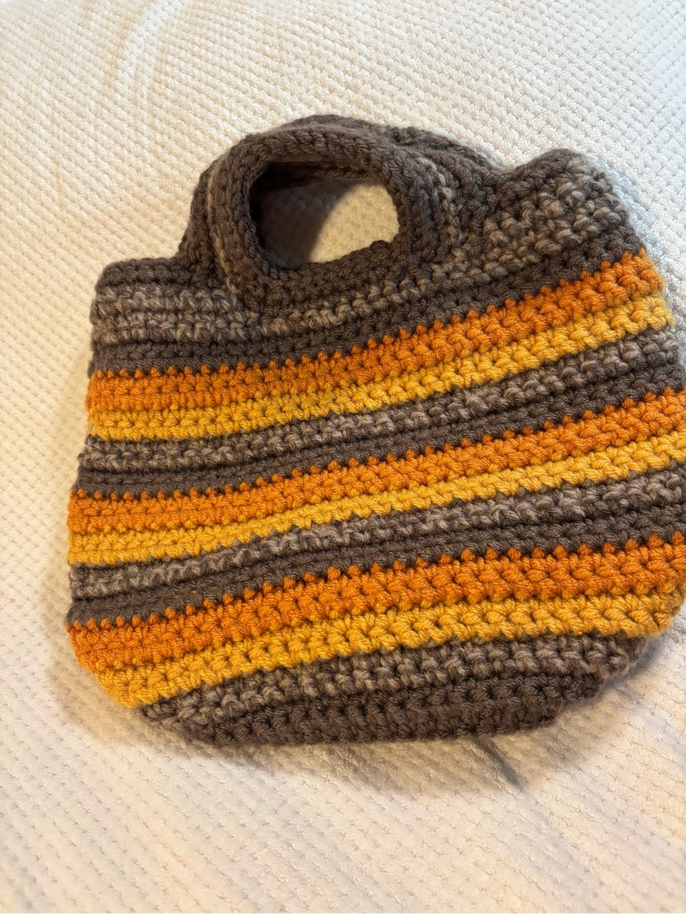 Handmade Crochet Striped Tote Bag - Brown, Orange & Yellow